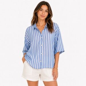H&M Linen Button Up Top Women XS Blue White Striped Coastal Summer‎ Shirt